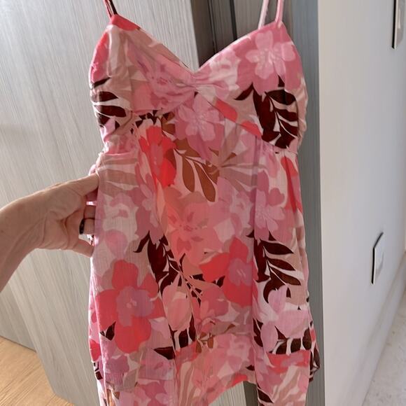 $128 MINKPINK Australia linen cotton mini dress tropical pink floral L - Picture 2 of 9